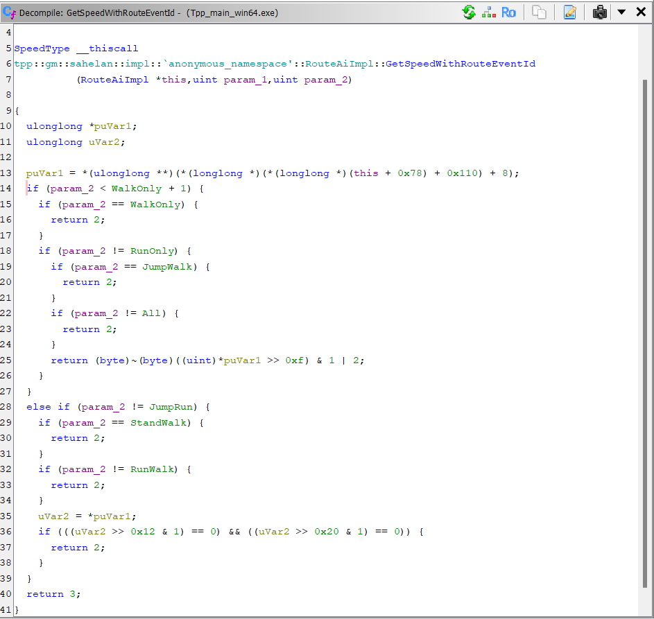 GetSpeedWithRouteEventId preview in ghidra (pre-release exe)