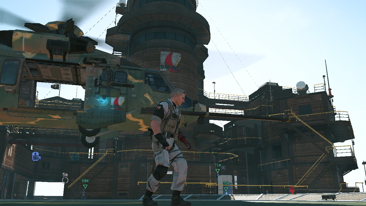 Custom emblem on player right shouder, Motherbase exterior, flag and helicopter