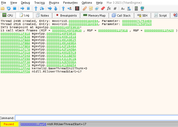 x64dbg, log window with stacktrace