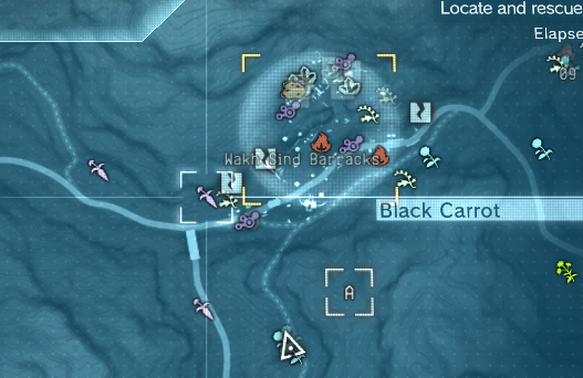 Map markers: player, plants, resources, wall cracks, target area, user-placed marker [A]