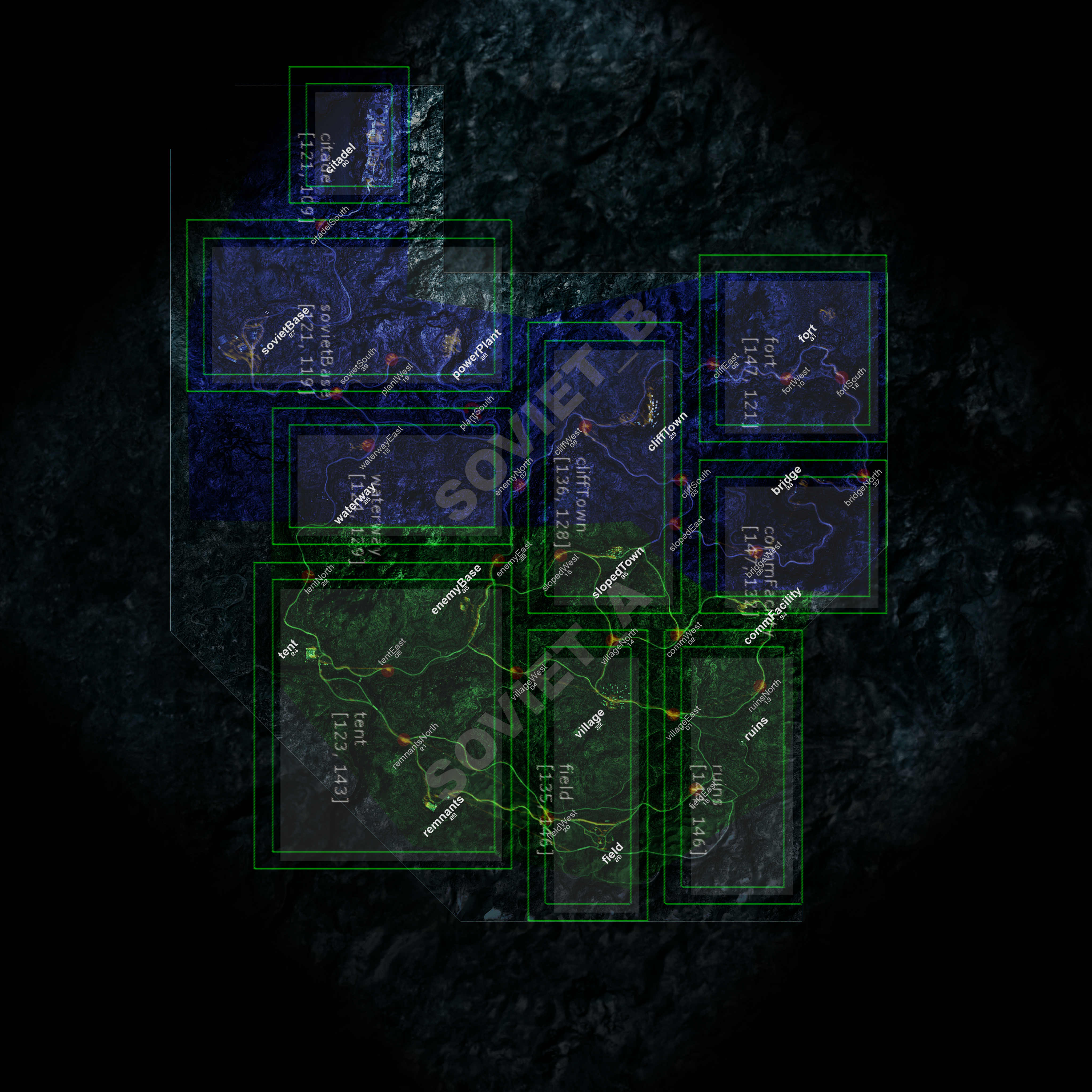 Afghanistan. Location id 10. White areas are auto fulton traps (leaving them triggers fulton of NPCs within 5m of player). Numbers are LRRP indices.