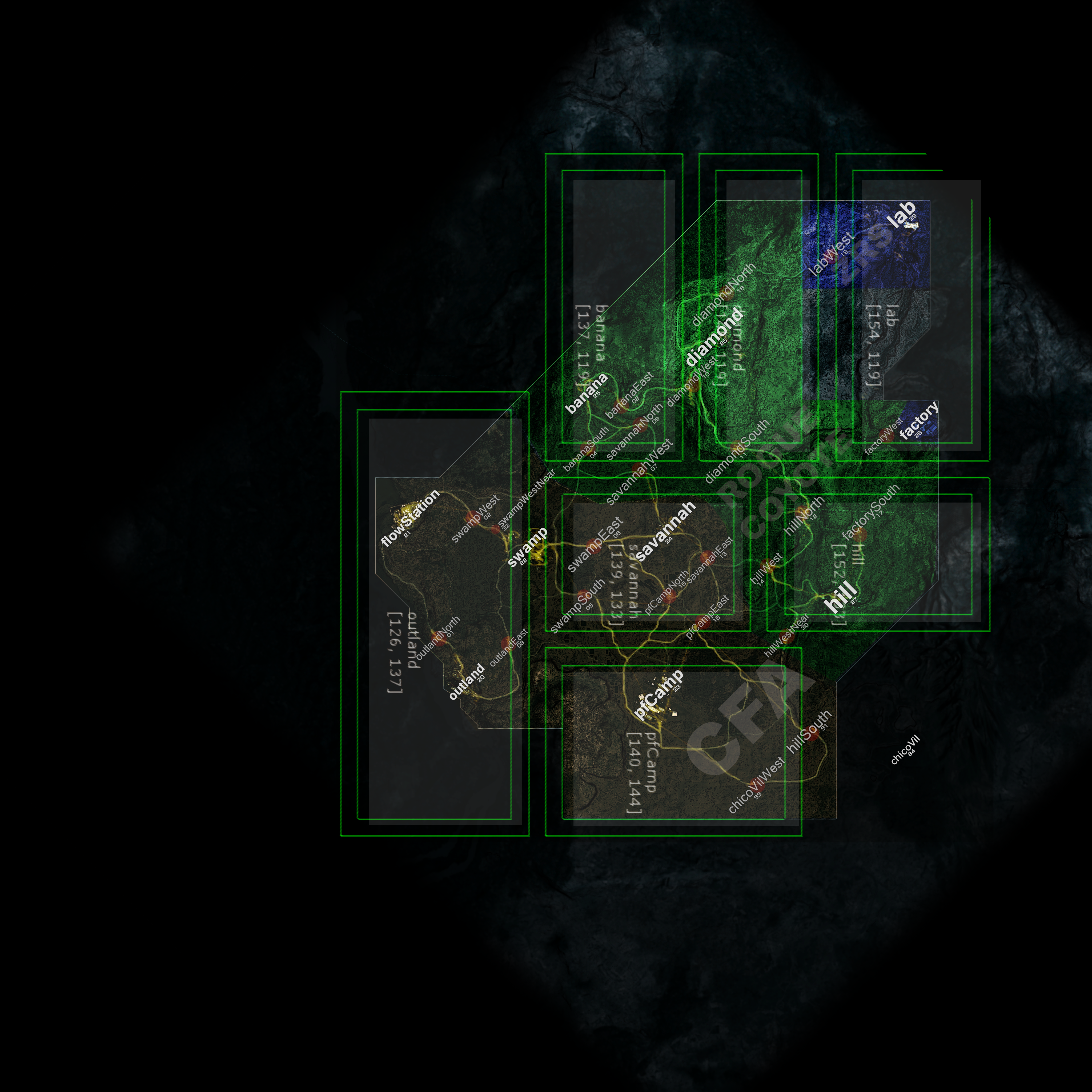 Middle Africa. Location id 20. White areas are auto fulton traps (leaving them triggers fulton of NPCs within 5m of player). Numbers are LRRP indices.